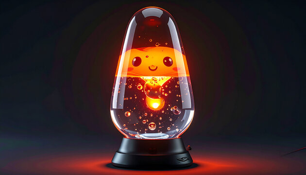 Glowing lava lamp with smiling face and bubbling liquid