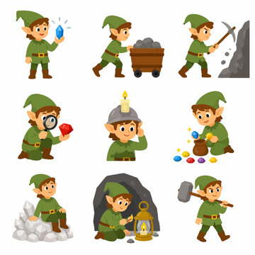 Cartoon elf miner character set featuring various activities including swinging a pickaxe, pushing a rock cart, examining gems, lighting a lantern, and carrying a sledgehammer.