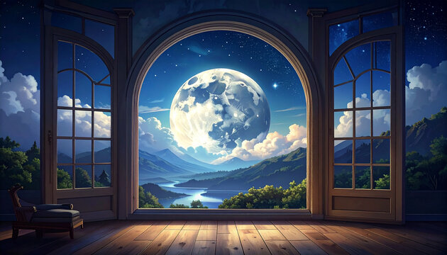 Moonlit Night View from Arched Window with Mountains and Lake