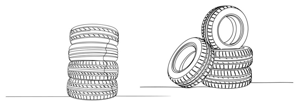 Car tires stack and heap collection in minimalist continuous line art style