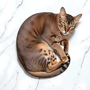 A Pixie-bob cat lying down, viewed from above (flat lay), curled posture so no paws protrude outside the frame and no hands visible. Rare polydactyl look (mitten feet hidden under body).