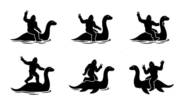 Bigfoot Riding Loch Ness Monster Vector Icons, Cryptid Duo Aquatic Adventure, Mythical Creatures Silhouette Set, Humorous Folklore Graphic Elements