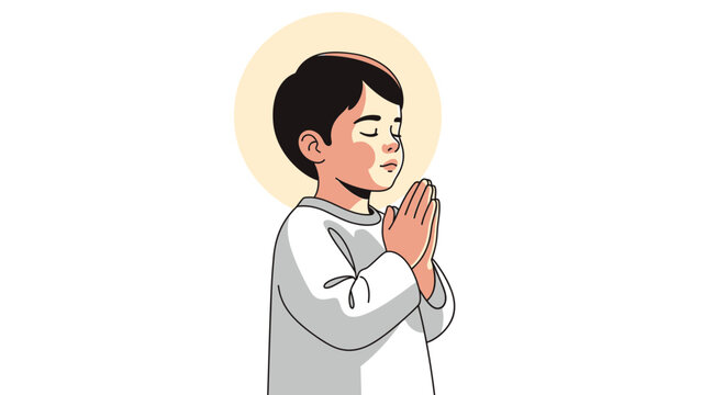 Boy praying with closed eyes and halo, spiritual innocence