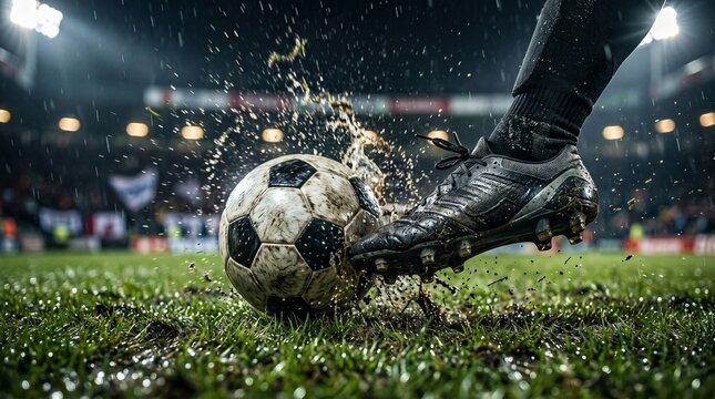 Soccer players foot kicking a muddy ball on a wet green field at night
