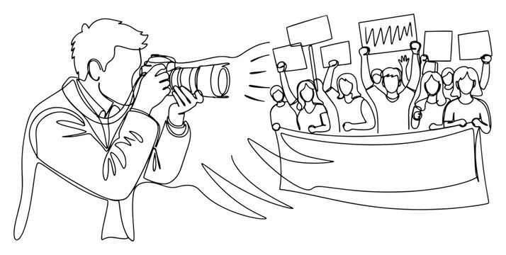 Photographer capturing protesting crowd with banners in continuous one line drawing style