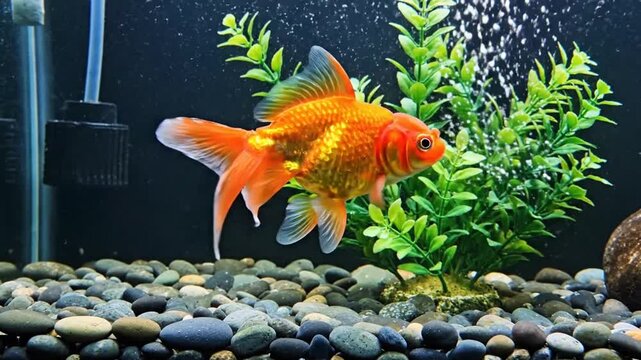 Graceful Oranda Goldfish Swimming Elegantly Near Green Aquarium Plants and Bubbles in Clear Water