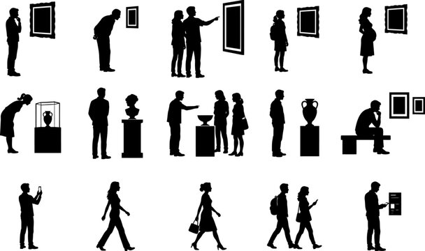 Museum Visitor Silhouette Set - People Viewing Art Gallery Exhibits, Paintings, Sculptures and Artifacts Vector Illustration. 
