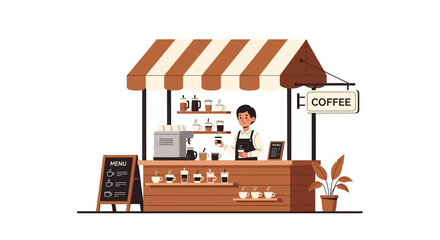 Obraz premium Barista making coffee in a street cafe, vector illustration.
