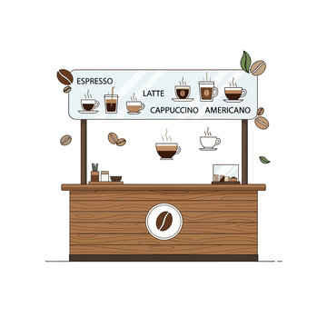 Coffee shop illustration, beverages display, espresso, cappuccino, and latte drink options