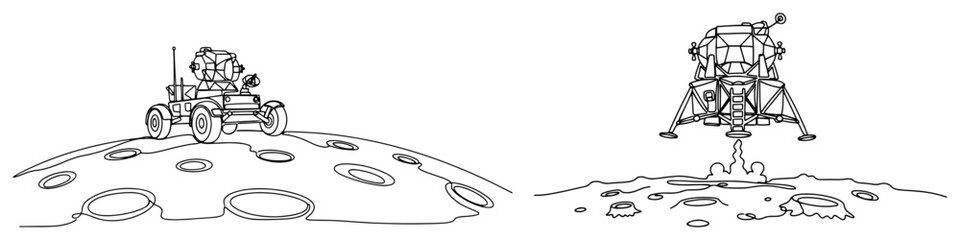 Lunar rover and moon landing module on cratered surface continuous one line drawing style © Amelia