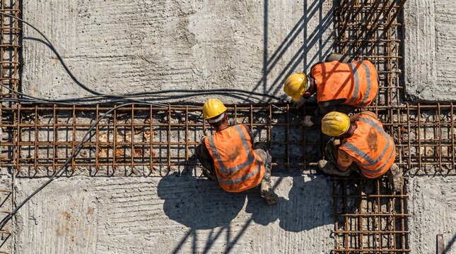 Aerial top down view of construction workers installing steel reinforcement on concrete slab.