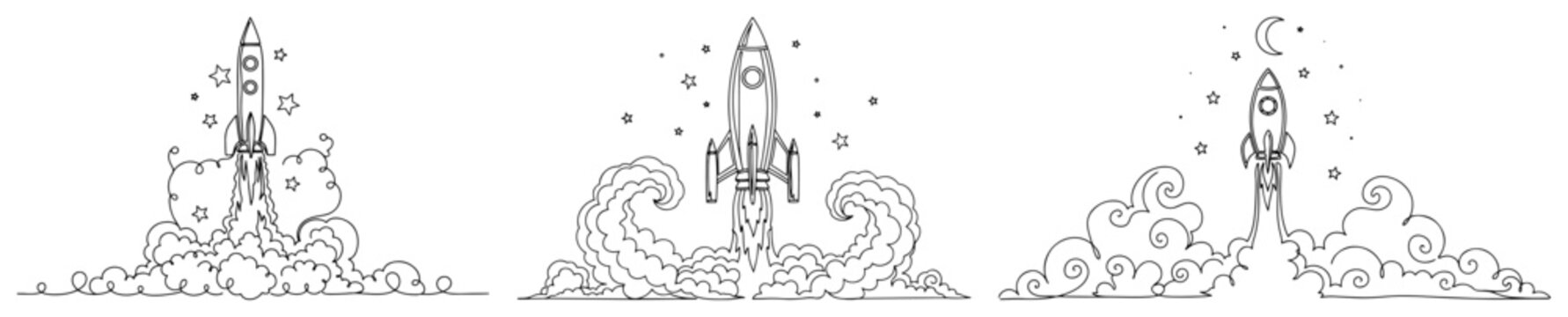 Set of rocket launches with clouds and stars in minimalist line art style