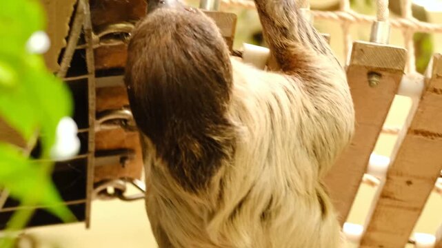 A Linnaeus's two-toed sloth hangs upside down while moving along a small wooden bridge.