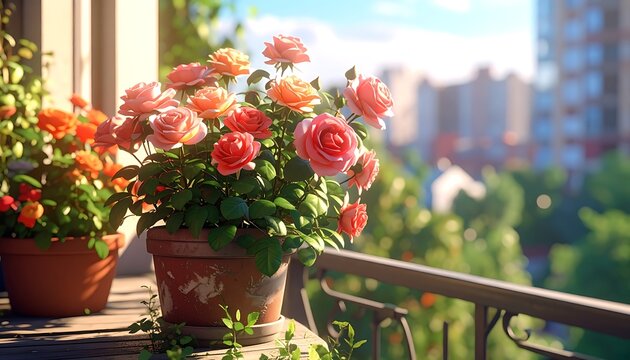A serene balcony scene with potted flowers overlooking cityscape