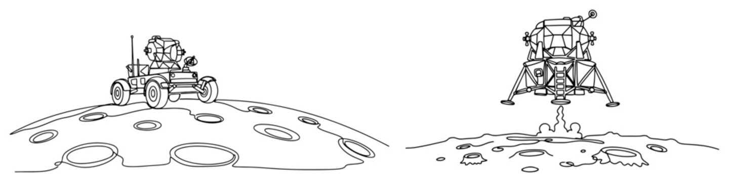 Lunar rover and moon landing module on cratered surface continuous one line drawing style