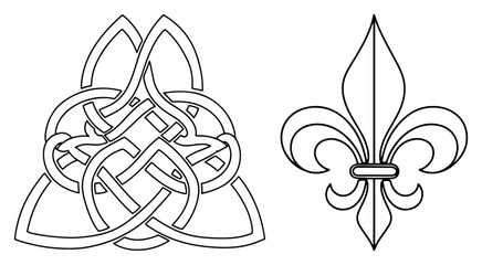Celtic knot and fleur de lis symbols for heraldic decoration in minimalist line art style © Amelia