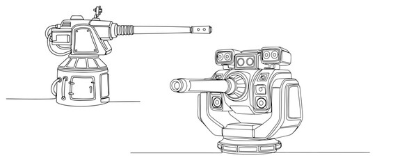 Automated defense turrets with heavy cannons in minimalist continuous line art style © Amelia