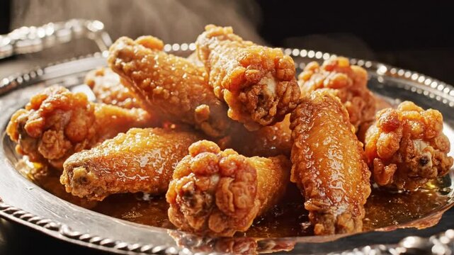 Delicious golden fried chicken wings with glistening glaze and steam on a silver platter in a warm light setting