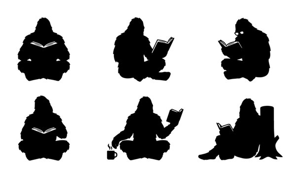 Bigfoot Reading Silhouettes, Mythical Creature Set, Sasquatch Leisure Poses, Cryptid Character Collection, Black Vector Icons