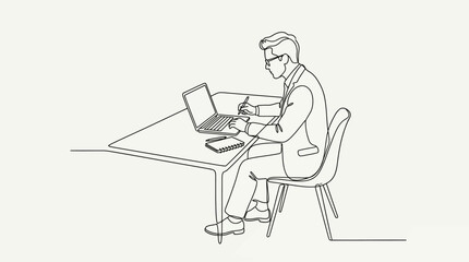 Fototapeta premium Businessman typing on laptop, sitting at desk, one line drawing