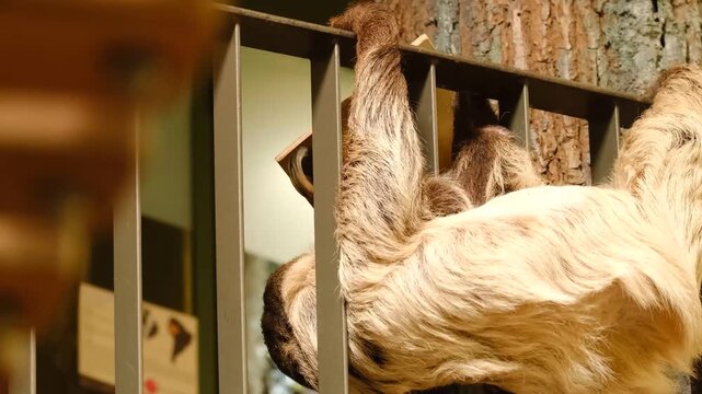 A Linnaeus's two-toed sloth moves carefully along a metal railing next to a tree trunk.
