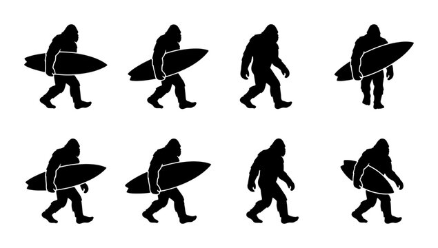 Bigfoot Surfer Silhouettes, Cryptid Beach Iconography, Sasquatch Ocean Lifestyle Vector Set
