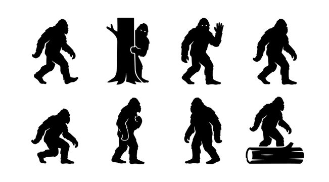 Bigfoot Silhouettes Collection, Sasquatch Vector Icons, Cryptid Legend Poses, Mysterious Forest Dweller Graphics, Mythical Creature Set