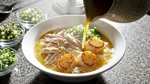 Savory bowl of ramen with seared scallops, shredded chicken, rice, and scallions with broth