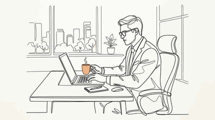Fototapeta premium Businessman working on laptop with coffee, office setting, line art illustration