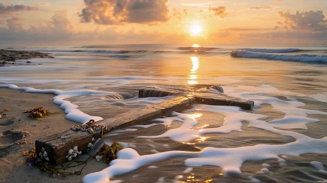 A serene beach scene at sunrise, featuring a weathered cross and gentle waves lapping at the shore.