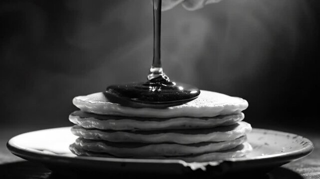 Black and white close up of syrup being poured onto a stack of warm pancakes on a plate
