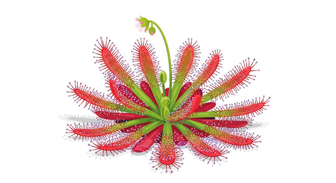 A sundew plant with its carnivorous tentacles glistens on a white background.