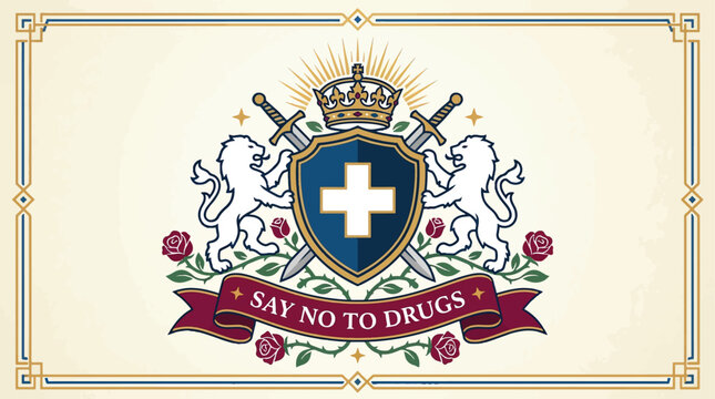 Heraldic Anti Drug Message Shield Emblem with Lions and Swords