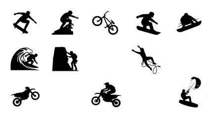 Extreme Sports Icons Set: Skateboarder, Surfer, BMX Rider, Snowboarder, Climber, Motocross, Kiteboarder Silhouettes for Action and Adventure Graphics © Nusrat