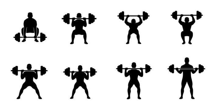 Weightlifting Silhouette Icons, Strength Training Exercises Vector Set, Fitness and Bodybuilding Poses Collection, Athletic Workout Graphics