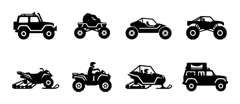Off-road Vehicle Icons, All-Terrain Set, Snowmobile Collection, SUV Graphics, ATV Illustrations, Dune Buggy Vector Art, Monster Truck Symbols, Outdoor Adventure Transport