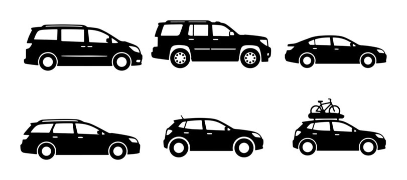 Diverse Vehicle Silhouettes: Minivan, SUV, Sedan, Wagon, Hatchback, and Rooftop Bicycle Carrier Icons