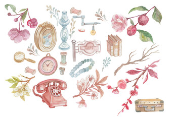 Detailed collection of hand drawn watercolor illustrations of vintage items. Set includes retro rotary phone, desk lamp, old suitcase, sewing threads, loupe, elegant picture frame, jewelry beads and b © Paint_art