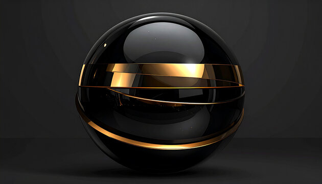 Black sphere with gold metallic stripes isolated