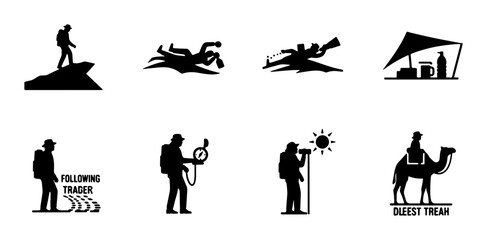Obraz premium Adventure Icons: Hiking, Diving, Trekking, Camping, Exploration, Camel Riding, Vector Silhouettes for Outdoor Activities and Travel