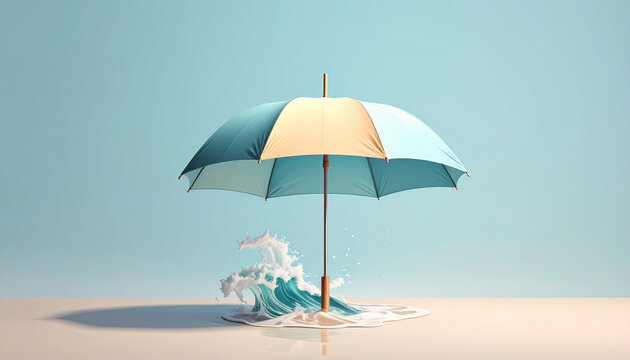 Umbrella on beach with wave crashing against it