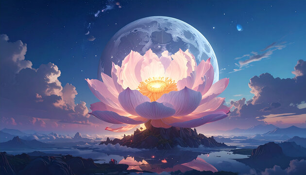 Fantasy moonlit lotus flower in serene landscape