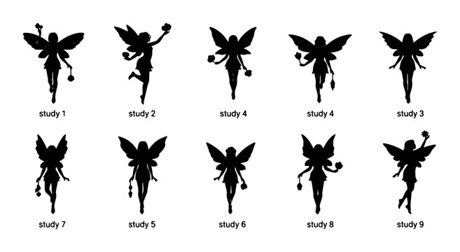 Silhouette Fairy Collection, 10 Magical Vector Studies of Winged Sprites in Dynamic Poses, Enchanting Fantasy Elements for Design