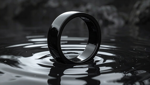 Black ring floating on water with ripples