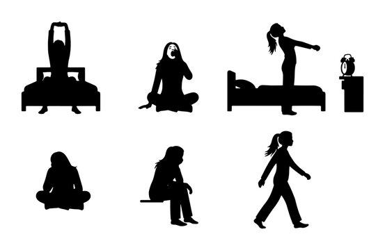 Morning Routine Silhouettes: Woman Waking Up, Stretching, Sitting, Walking, Yawning, Alarm Clock, Bedside Table, Daily Activities, Lifestyle Icons