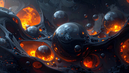 Glowing orbs and molten lava in abstract sci-fi environment