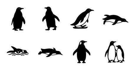 Penguin Silhouettes Collection, Antarctic Wildlife Icons, Vector Graphics for Nature and Arctic Themes, Simple Black and White Animal Poses © Sadia