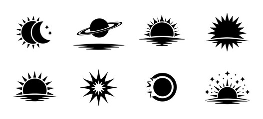Celestial Icons Set: Sun, Moon, Planet Saturn, Starbursts, and Eclipse Symbols for Cosmic and Astronomical Designs © Sadia