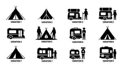 Camping and RV Icons Set: Diverse Tent and Camper Variations with People, Vector Graphics for Outdoor Adventure and Travel Themes © Sadia