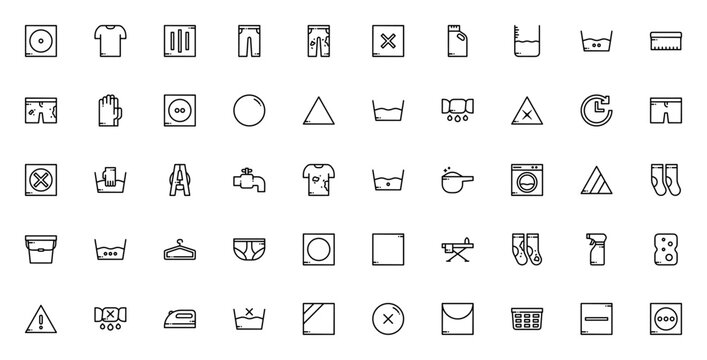 Laundry icon set. Minimal vector icons pack. Related to washing, drying, ironing, bleach, detergent, tumble dryer, shirt, pants, socks, and more. Editable vector stroke.